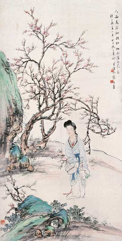 倪田 1907年作 桃花仕女 立轴